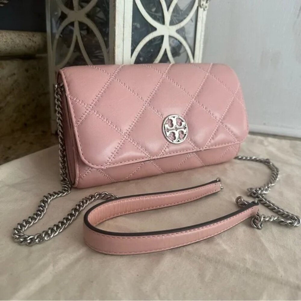New TORY BURCH WILLA GLAZED CHAIN WALLET Rose pink